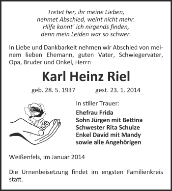Traueranzeige von Karl Heinz Riel von Super Sonntag Merseburg