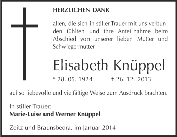 Traueranzeige von Elisabeth Knüppel von WVG - Wochenspiegel Merseburg