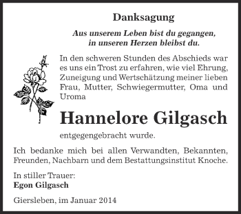 Traueranzeige von Hannelore Gilgasch von Super Sonntag Aschersleben