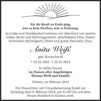 Traueranzeige von Anita Weiß von Super Sonntag Bernburg