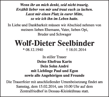 Traueranzeige von Wolf-Dieter Seelbinder von Super Sonntag Dessau / Köthen