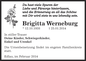 Traueranzeige von Brigitta Werneburg von Super Sonntag Bernburg