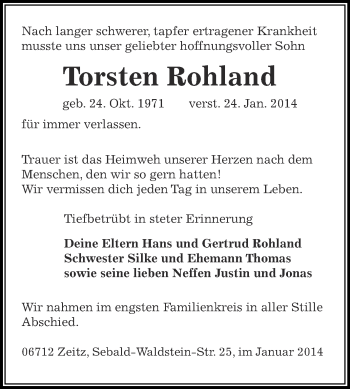 Traueranzeige von Torsten Rohland von Super Sonntag Zeitz