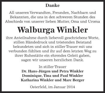 Traueranzeige von Walburga Winkler von Super Sonntag Zeitz
