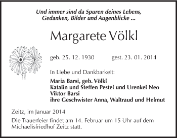Traueranzeige von Margarete Völkl von Super Sonntag Zeitz
