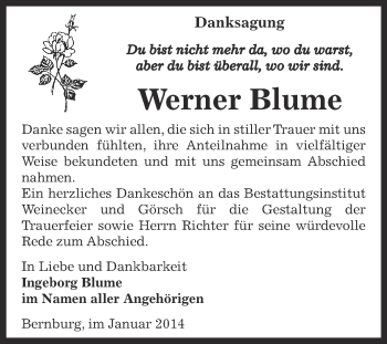 Traueranzeige von Werner Blume von Super Sonntag Bernburg