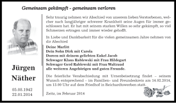 Traueranzeige von Jürgen Näther von Super Sonntag Zeitz