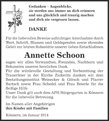 Traueranzeige von Annette Schoon von Super Sonntag Bernburg