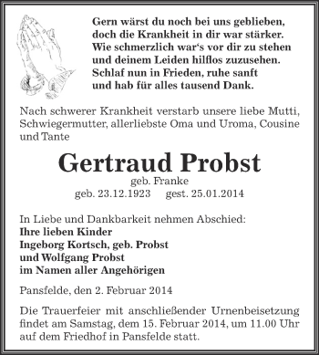 Traueranzeige von Gertraud Probst von Super Sonntag SGH Mansf. Land