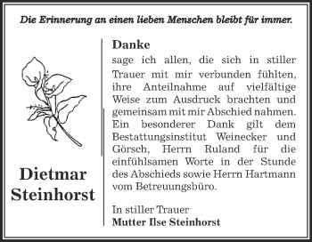 Traueranzeige von Dietmar Steinhorst von Super Sonntag Bernburg