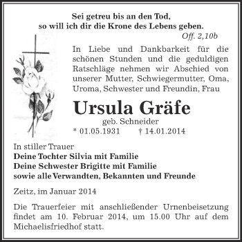 Traueranzeige von Ursula Gräfe von Super Sonntag Zeitz