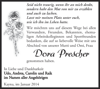 Traueranzeige von Dora Prescher von Super Sonntag Zeitz