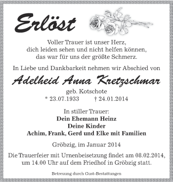 Traueranzeige von Adelheid Anna Kretzschmar von WVG - Wochenspiegel Dessau / Köthen