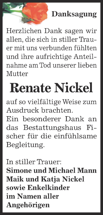 Traueranzeige von Renate Nickel von Super Sonntag Zeitz