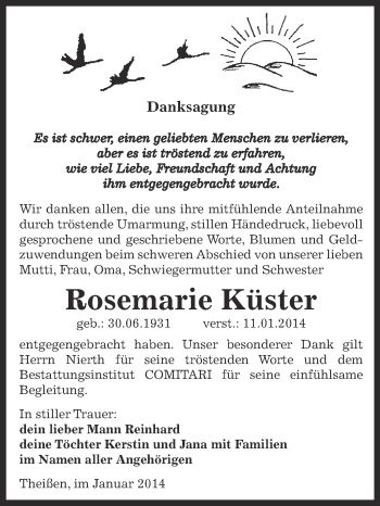 Traueranzeige von Rosemarie Küster von Super Sonntag Zeitz