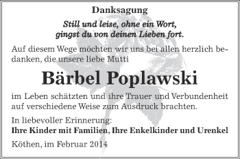 Traueranzeige von Bärbel Poplawski von WVG - Wochenspiegel Dessau / Köthen