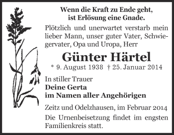 Traueranzeige von Günter Härtel von Super Sonntag Zeitz