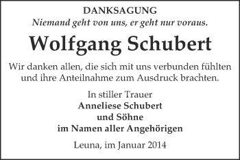 Traueranzeige von Wolfgang Schubert von WVG - Wochenspiegel Merseburg
