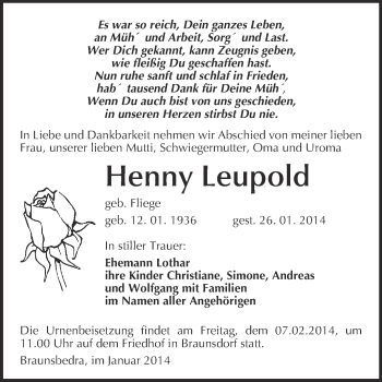 Traueranzeige von Henny Leupold von WVG - Wochenspiegel Merseburg