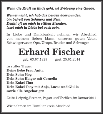 Traueranzeige von Erhard Fischer von Super Sonntag Zeitz