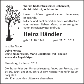 Traueranzeige von Heinz Händler von WVG - Wochenspiegel NMB / WSF / ZTZ