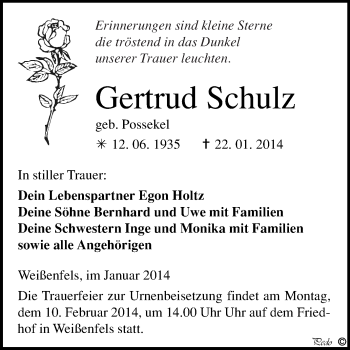 Traueranzeige von Gertrud Schulz von WVG - Wochenspiegel NMB / WSF / ZTZ
