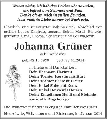 Traueranzeige von Johanna Grüner von Super Sonntag Zeitz