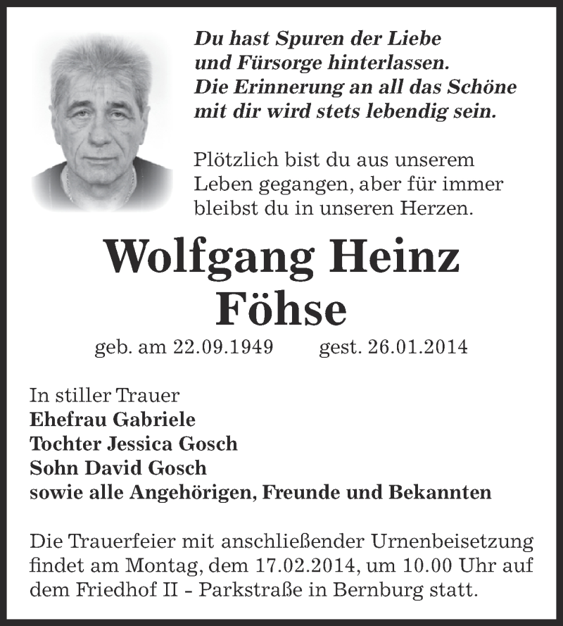  Traueranzeige für Wolfgang Heinz Föhse vom 02.02.2014 aus Super Sonntag Bernburg