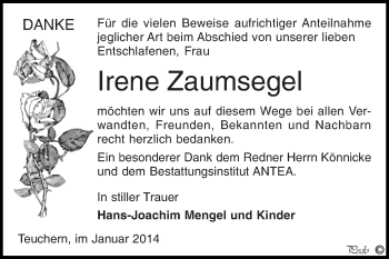 Traueranzeige von Irene Zaumsegel von Super Sonntag Zeitz