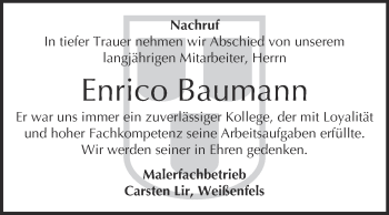 Traueranzeige von Enrico Baumann von WVG - Wochenspiegel NMB / WSF / ZTZ