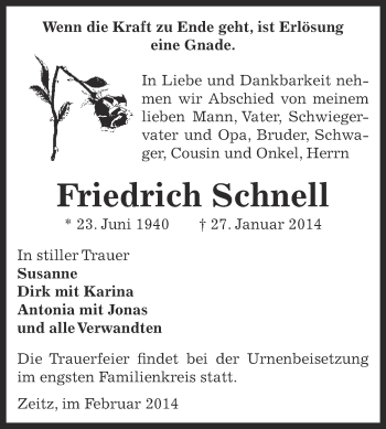 Traueranzeige von Friedrich Schnell von Super Sonntag Zeitz