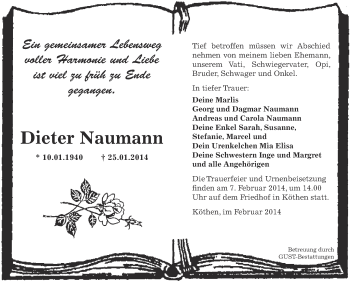 Traueranzeige von Dieter Naumann von WVG - Wochenspiegel Dessau / Köthen