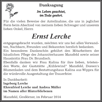 Traueranzeige von Ernst Lerche von Wochenspiegel Mansfelder Land