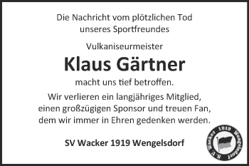 Traueranzeige von Klaus Gärtner von WVG - Wochenspiegel NMB / WSF / ZTZ