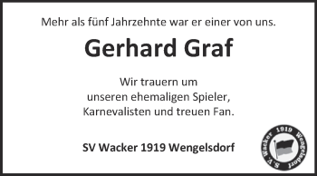 Traueranzeige von Gerhard Graf von WVG - Wochenspiegel NMB / WSF / ZTZ