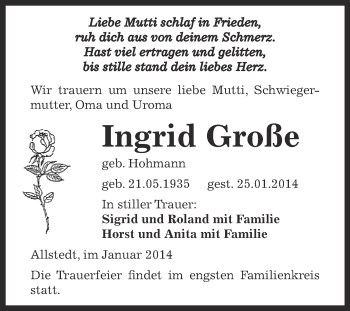 Traueranzeige von Ingrid Große von Super Sonntag SGH Mansf. Land