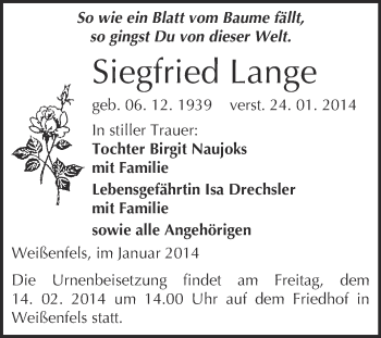 Traueranzeige von Siegfried Lange von WVG - Wochenspiegel NMB / WSF / ZTZ