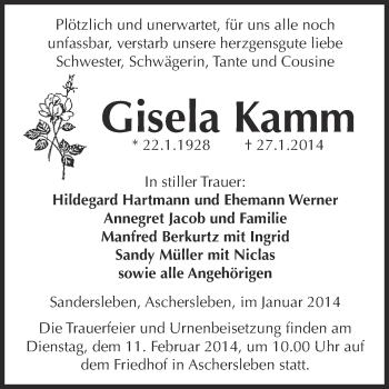 Traueranzeige von Gisela Kamm von WVG - Wochenspiegel Aschersleben