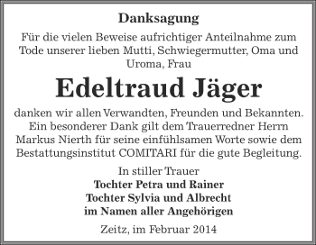 Traueranzeige von Edeltraud Jäger von Super Sonntag Zeitz