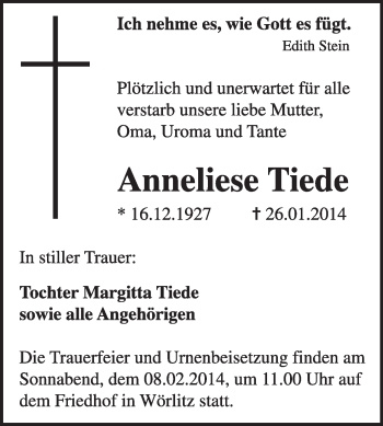 Traueranzeige von Anneliese Tiede von WVG - Wochenspiegel Wittenberg