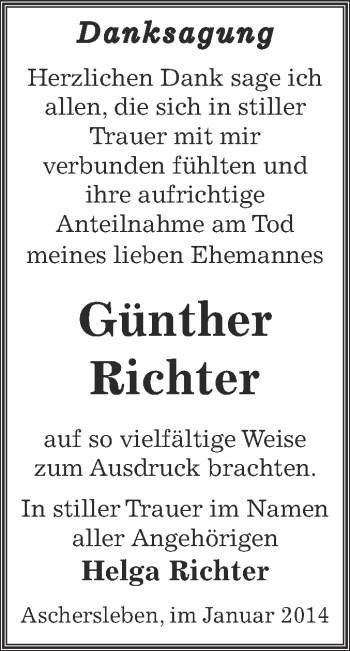 Traueranzeige von Günther Richter von Super Sonntag Aschersleben