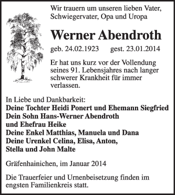 Traueranzeige von Werner Abendroth von WVG - Wochenspiegel Wittenberg