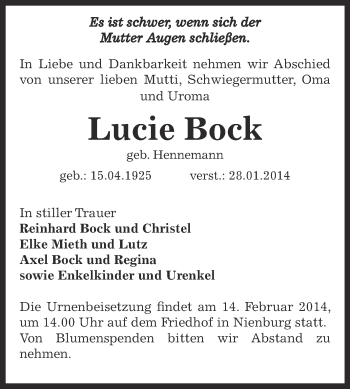Traueranzeige von Lucie Bock von Super Sonntag Bernburg