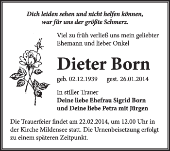 Traueranzeige von Dieter Born von Super Sonntag Dessau / Köthen