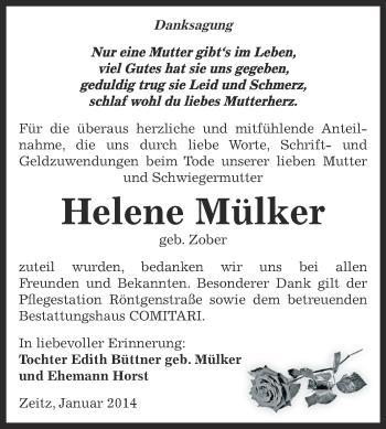 Traueranzeige von Helene Mülker von Super Sonntag Zeitz