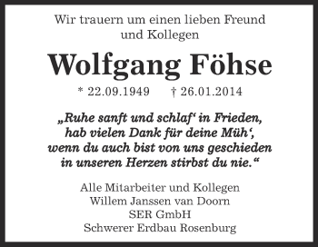 Traueranzeige von Wolfgang Föhse von Super Sonntag Bernburg