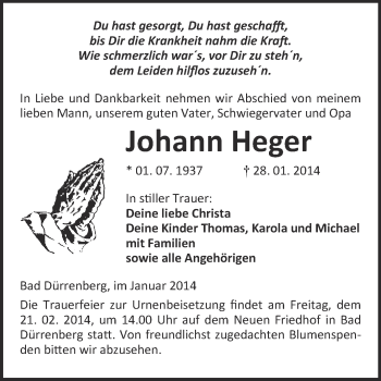 Traueranzeige von Johann Heger von Super Sonntag Merseburg