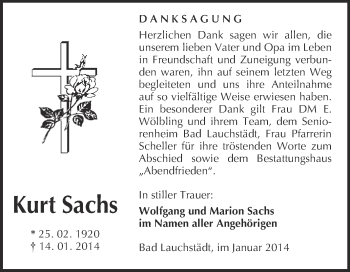 Traueranzeige von Kurt Sachs von WVG - Wochenspiegel Merseburg