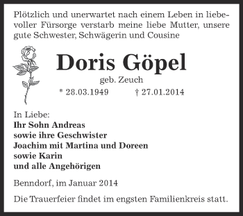 Traueranzeige von Doris Göpel  von Wochenspiegel Mansfelder Land