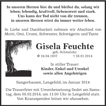 Traueranzeige von Gisela Feuchte von WVG - Wochenspiegel SGH